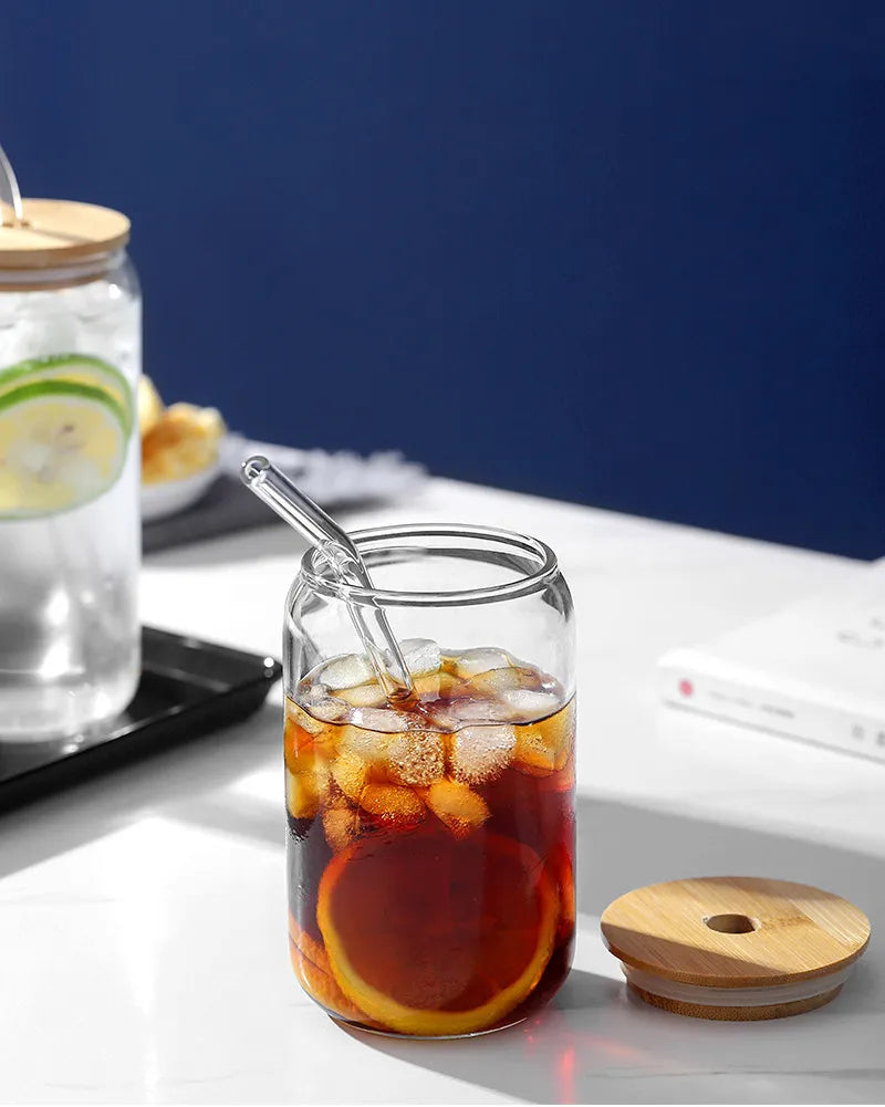 Glass Cups with Bamboo LId + Glass Straw